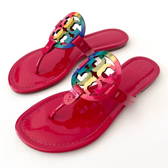 TORY BURCH | Miller Bright Rainbow Ruby Red Patent Leather Sandal Flip Flop 8 - Picture 1 of 14